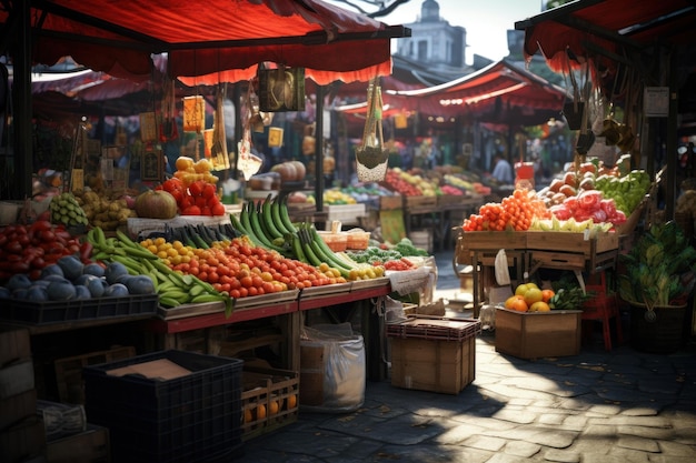 Des étals du marché de rue dans les rues de la ville vendant des produits