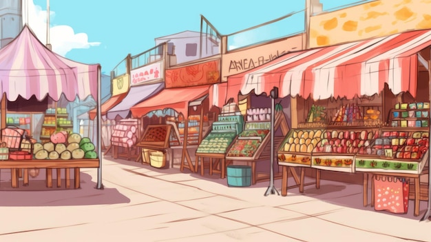 Des étals de marché vides avec des boutiques colorées représentant le commerce local généré par l'IA