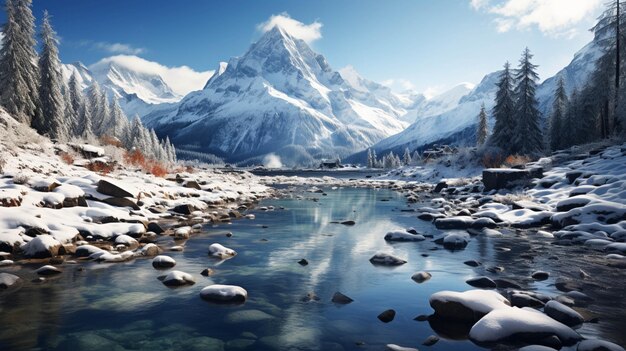 L'étang et les arbres gelés reflètent le paysage montagneux enneigé.