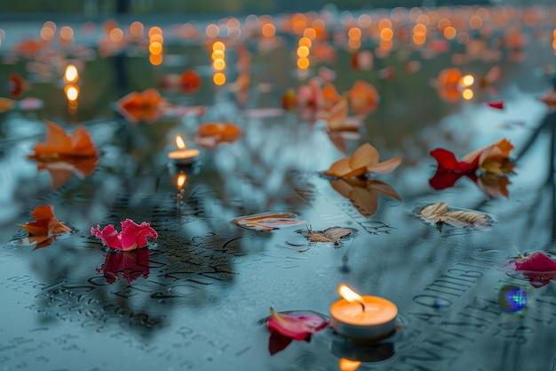 un étang avec des bougies flottant dessus et des fleurs flottant au-dessus