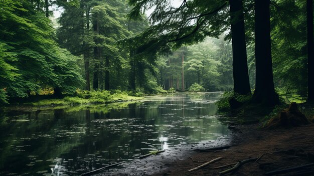 Photo un étang brumeux dans une forêt enchanteuse photographie de paysage atmosphérique et humide