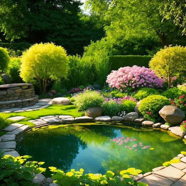 Un étang dans un jardin avec un mur en pierre et des plantes.