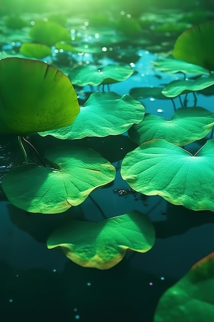 Un étang avec des feuilles de lotus et une feuille verte.