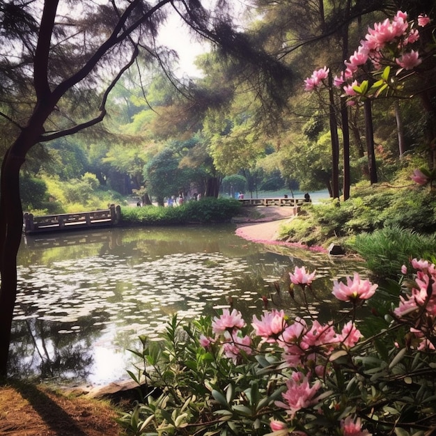 Un étang avec des fleurs et un pont en arrière-plan