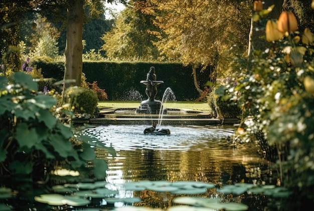 un étang avec une fontaine d'eau entourée d'arbres dans le style de mise au point sélective