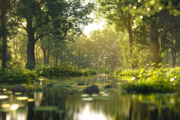 Un étang de forêt serein vivant avec le chant des oiseaux