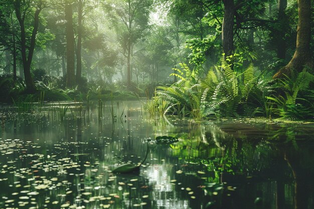 L'étang de la forêt tranquille reflétant la verdure luxuriante octa