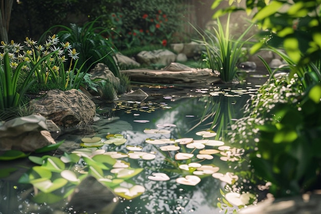 Un étang de jardin tranquille vivant avec les sons de na