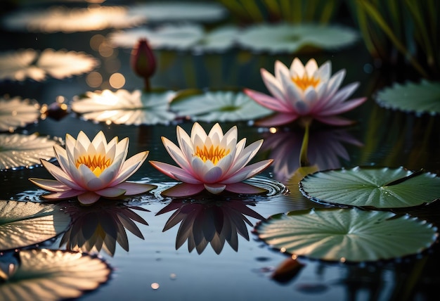 un étang avec des lis d'eau et une fleur avec le soleil qui brille dessus