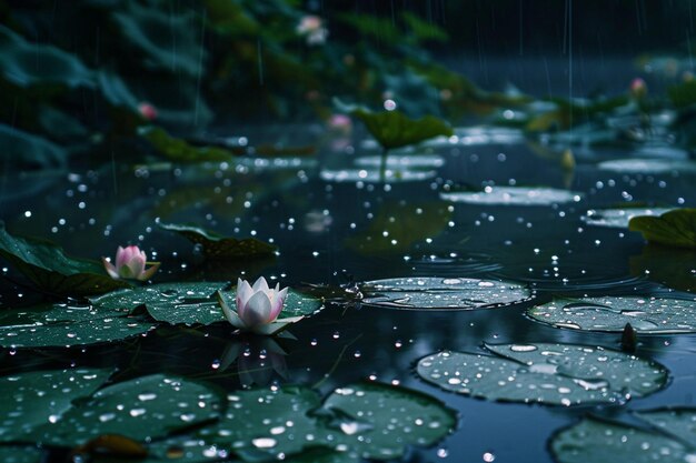 un étang avec des lis d'eau et un lys d'eau violet dedans