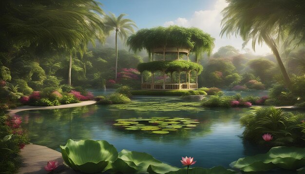 Photo un étang avec une maison et un étand avec une fleur de lotus au centre