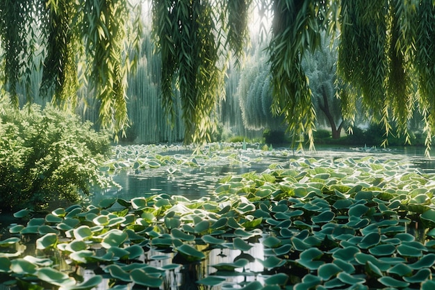 Un étang paisible entouré de saules pleureurs octa