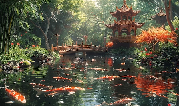 un étang avec des poissons koi qui y nagent et un pont en arrière-plan
