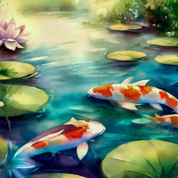étang à poissons koi serein avec aquarelle de nénuphars