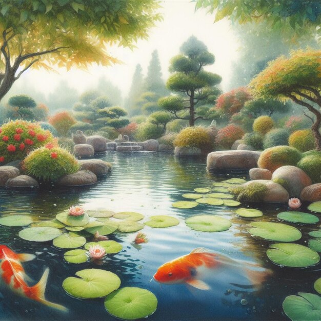 un étang de poissons koi serein avec des lilies