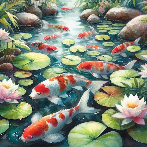 un étang de poissons koi serein avec des lilies