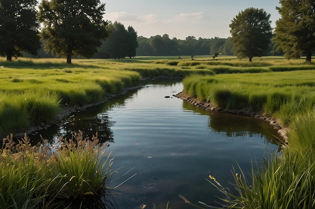 L'étang serein dans le paysage de dessin animé L'herbe luxuriante