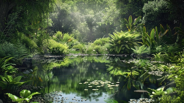 un étang tranquille entouré d'une végétation luxuriante invitant à la relaxation et à la réflexion