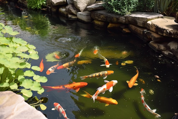 Étangs d'arrière-cour avec des poissons koi nageant dans l'eau