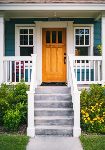 Étapes d'une porte d'une maison de banlieue Photo de stock