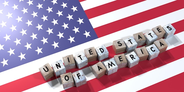 Photo États-unis d'amérique cubes en bois et drapeau du pays illustration 3d
