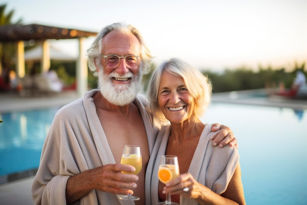 L'été alors qu'un couple de retraités plus âgés se prélasse au soleil au bord de leur oasis au bord de la piscine AI Generated