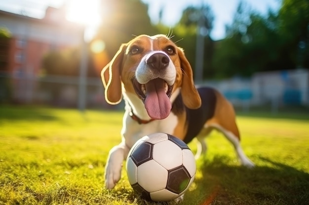 En été, un beagle obéissant joue avec un ballon de football.