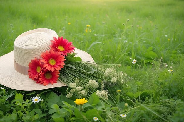 En été, un chapeau et un bouquet de fleurs sont allongés sur une herbe de prairie verte.