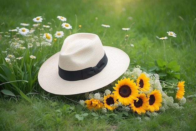 En été, un chapeau et un bouquet de fleurs sont allongés sur une herbe de prairie verte.