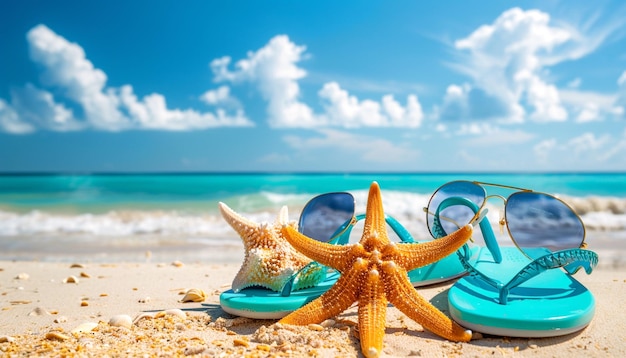 L'été chaud lunettes de soleil étoiles de mer flip-flops turquoise sur la plage tropicale de sable