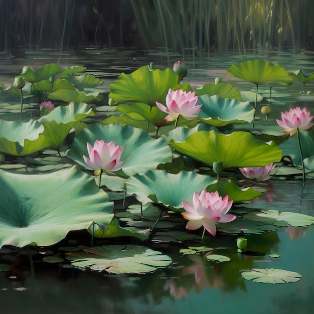 En été, les feuilles de lotus vertes se balancent doucement sur l'eau claire de la piscine, les fines racines de lotus se balancent avec le vent et les fleurs de lotus roses sont sur le point de fleurir.