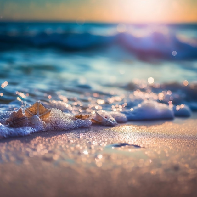 L'été sur la plage de sable et de mer avec l'océan défocalisé et les lumières Bokeh Abstrait côte floue