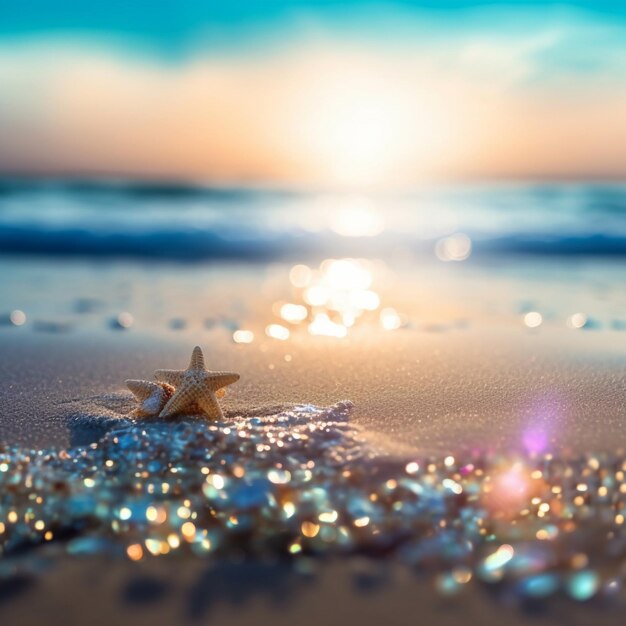 L'été sur la plage de sable et de mer avec l'océan défocalisé et les lumières Bokeh Abstrait côte floue