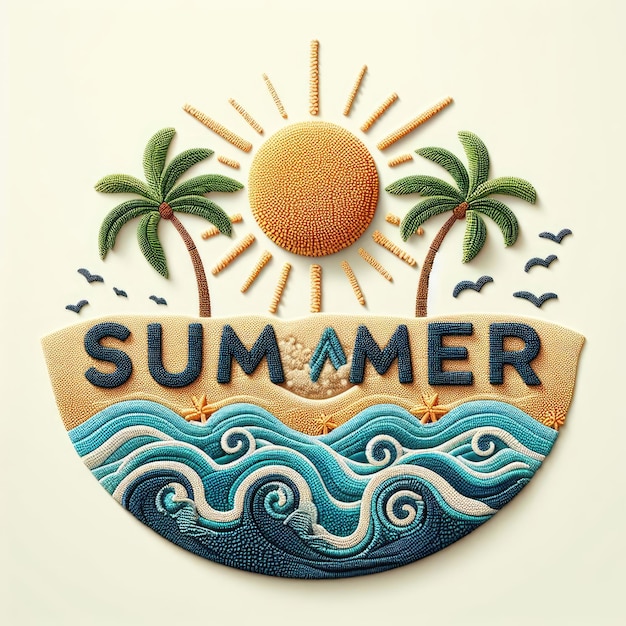 L'été texte entièrement formé par le soleil de plage palmier à vagues