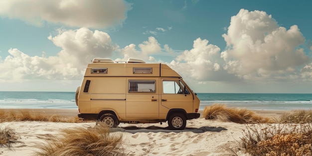 Photo l'été vivant au bord de la mer embrassant l'été dans un van nomades du bord de la plage roues et vagues