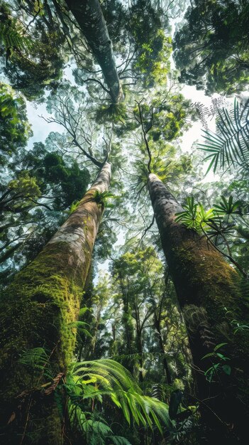 Une étendue luxuriante d'une forêt ancienne se déploie sous une canopée verdoyante avec des arbres géants s'élevant vers le ciel enveloppés de mousse vibrante et de vie