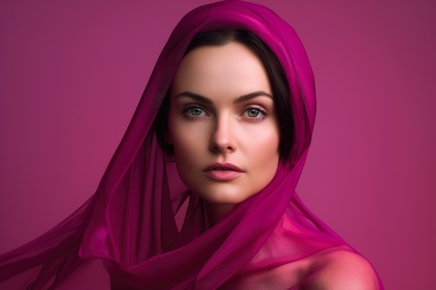 Ethereal Magenta Portrait d'une femme gracieuse avec un voile sur un fond rose pâle