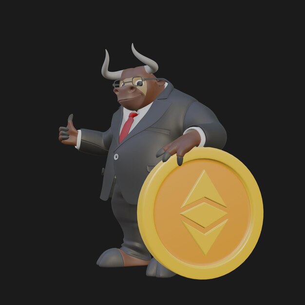 Ethereum Corporate Bull Buy Le personnage de dessin animé se penche sur la pièce Illustration 3D