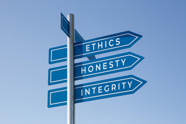 Éthique honnêteté intégrité mots sur panneau isolé sur fond de ciel