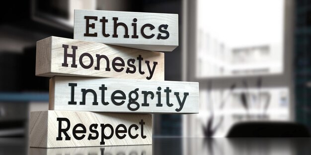 Photo Éthique honnêteté intégrité respecter les mots sur des blocs de bois illustration 3d