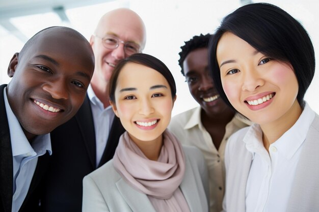 Photo l'ethnie et la diversité au travail avec des employés heureux célébrant le succès des affaires