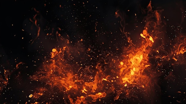 Des étincelles brûlantes rouges et chaudes volent d'un grand feu dans le ciel nocturne.