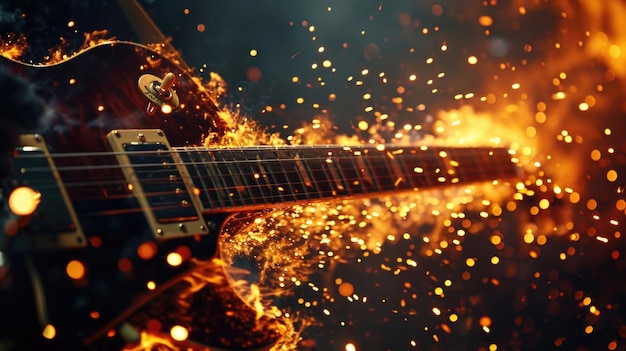 Des étincelles éblouissantes de feu tirant du manche d'une guitare électrique ajoutant un bord de feu à la