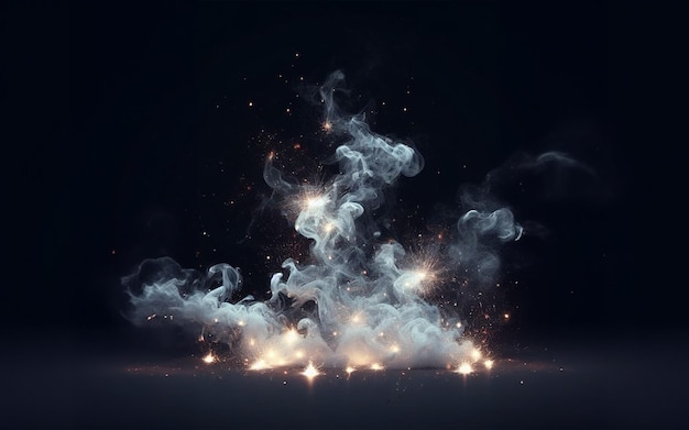 Photo Étincelles éclats d'étincelles fumée et feu arrière-plan fumée blanche sur un fond noir