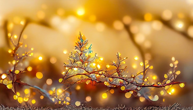 Des étincelles scintillent sur les branches dans un motif. Arrière-plan flou argenté clair Modèle pour Noël.