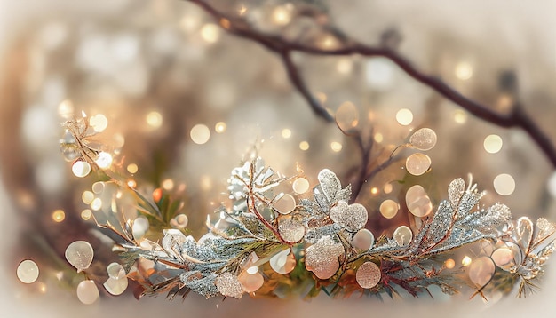Des étincelles scintillent sur les branches dans un motif. Arrière-plan flou argenté clair Modèle pour Noël.