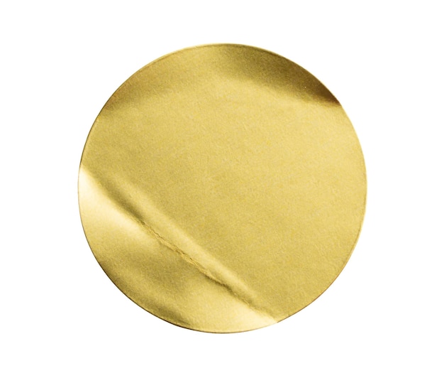 Photo Étiquette d'autocollant métallique en papier adhésif rond doré blanc isolé sur fond blanc