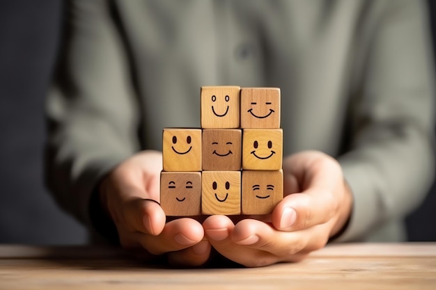 Une étiquette en bloc de bois avec un sourire heureux, détendez-vous face à de bons commentaires des clients, Journée mondiale de la santé mentale