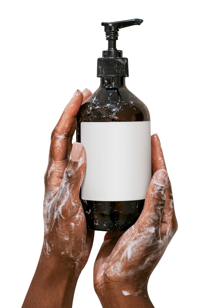 Photo étiquette de bouteille de crème de douche png avec espace de copie sur étiquette à fond transparent