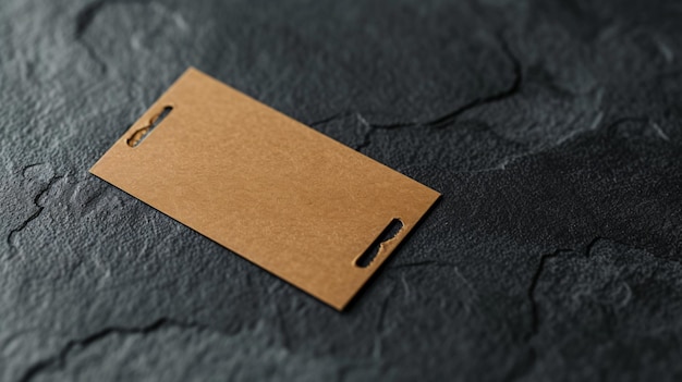 Photo Étiquette en carton brun blanc avec un trou sur fond de pierre noire l'étiquette est faite de papier recyclé et a une texture naturelle rugueuse